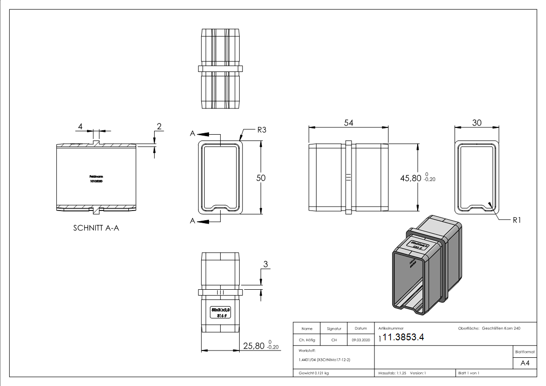 Rechteckrohrverbinder V4A 50 x 30 x 2 mm zum Stecken-11-3853.4