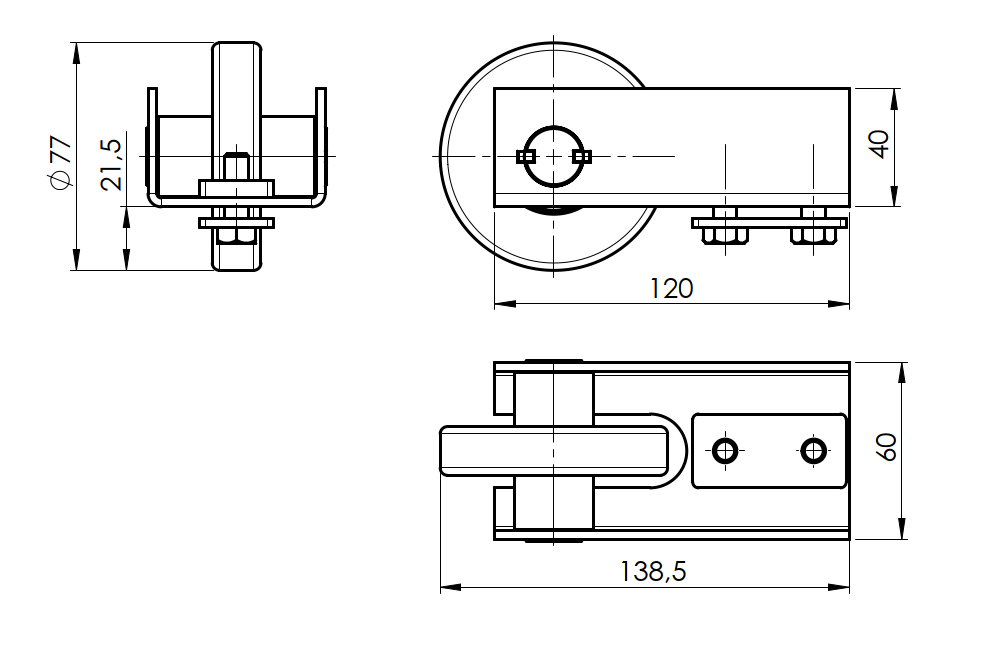 Fuehrungsrolle Stahl verzinkt fuer Laufschiene 90 x 95 mm mit Nylonrolle-89-11H14N90X95NYLON-A.4