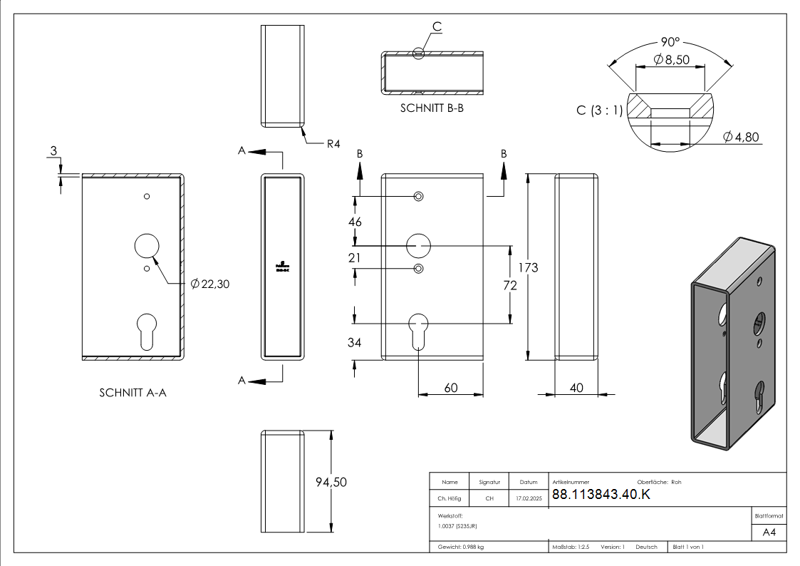Schlosskasten Stahl 40 x 94-5 x 173 mm roh-88-113843-40.K