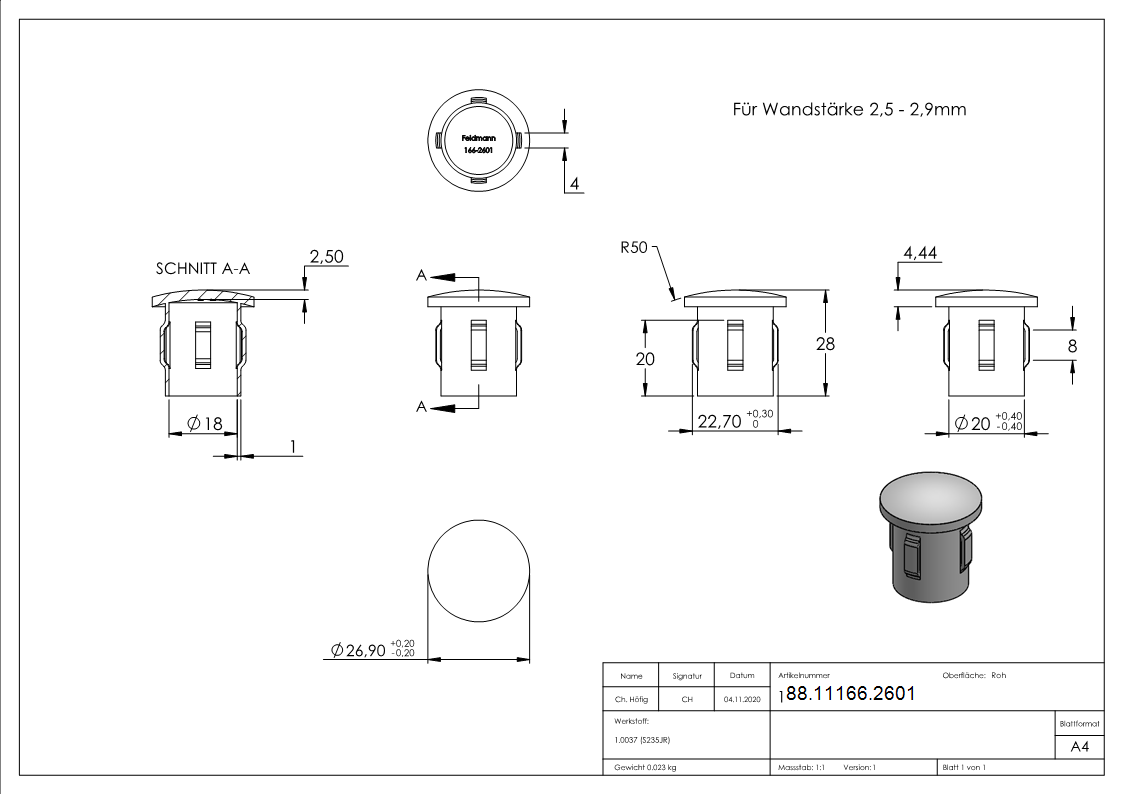 Einschlagkappe Stahl roh fuer Rohr Ø 26-9 mm Wandstaerke 1-8–2-2 mm leicht gewoelbt-88-11166.2601