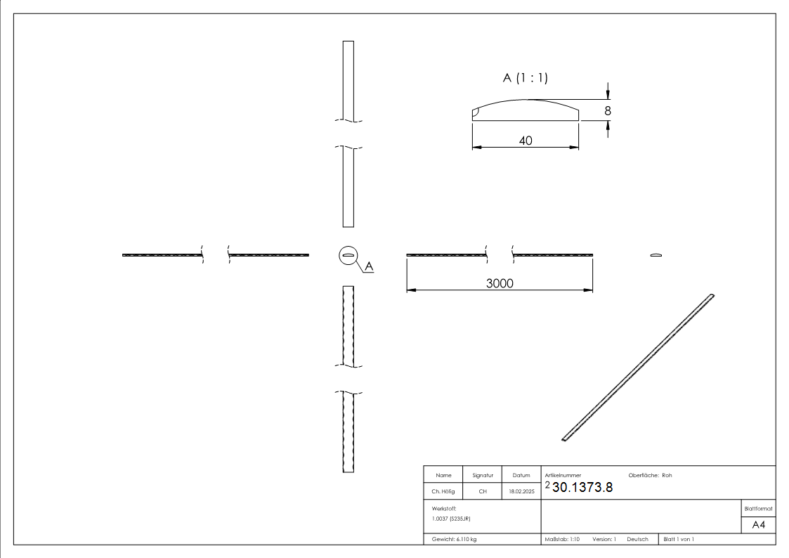 Handlauf-Flacheisen 40x8 mm gerillt - gewoelbt 3000mm S235JR Schmiedeeisen-30-1373.8