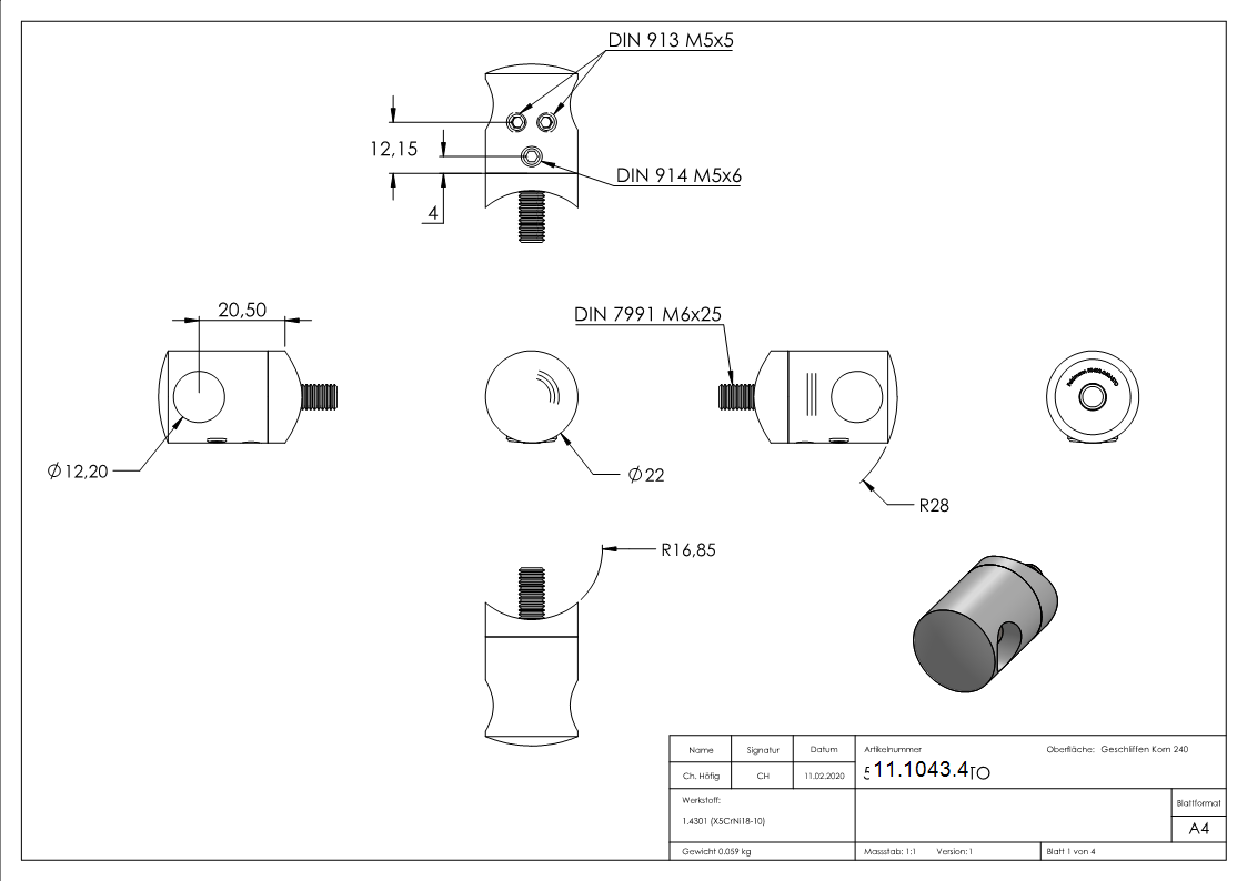 Querstabhalter V2A Edelstahl – Anschluss 33-7 mm fuer Rundstaebe 12 mm zum Verbinden -Stoss- inkl- Schrauben-11-1043.4