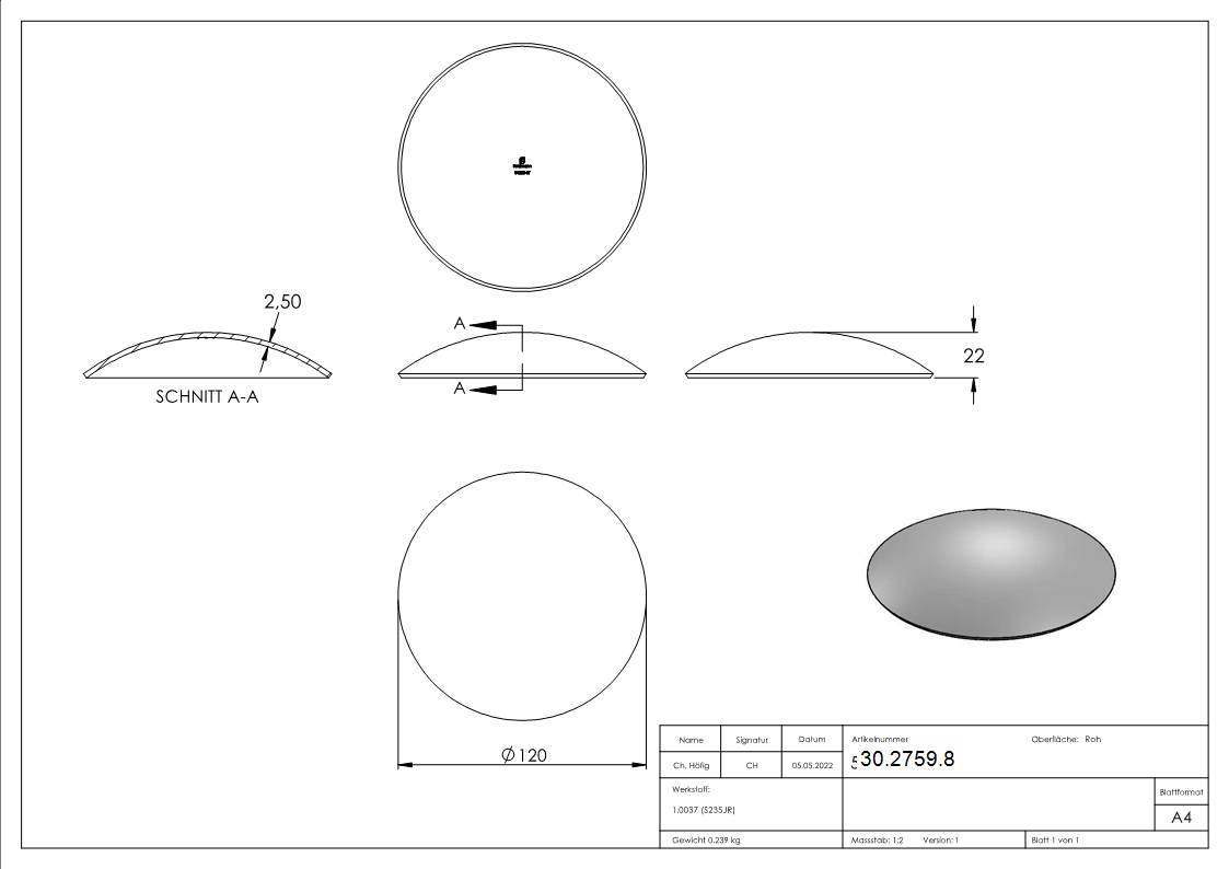 Kloepperboden Rohrabschluss Ø 120-0x2-5 mm Stahl roh Hoehe- 22 mm-30-2759.8