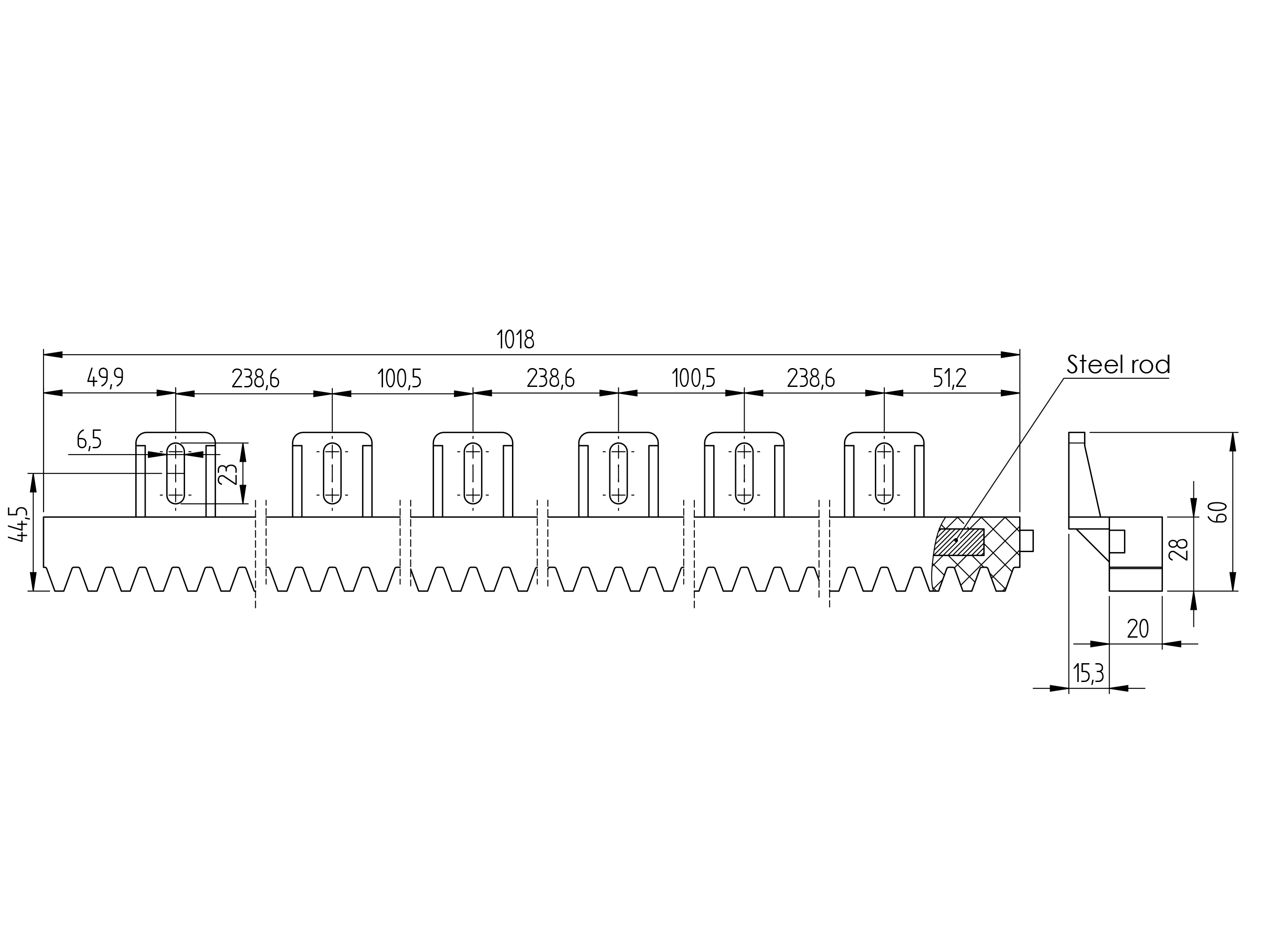 Zahnstange Kunststoff mit Stahlkern 27 x 18 mm Modul 4 fr Schiebetore-89-11H01PVCUPBS-A.4