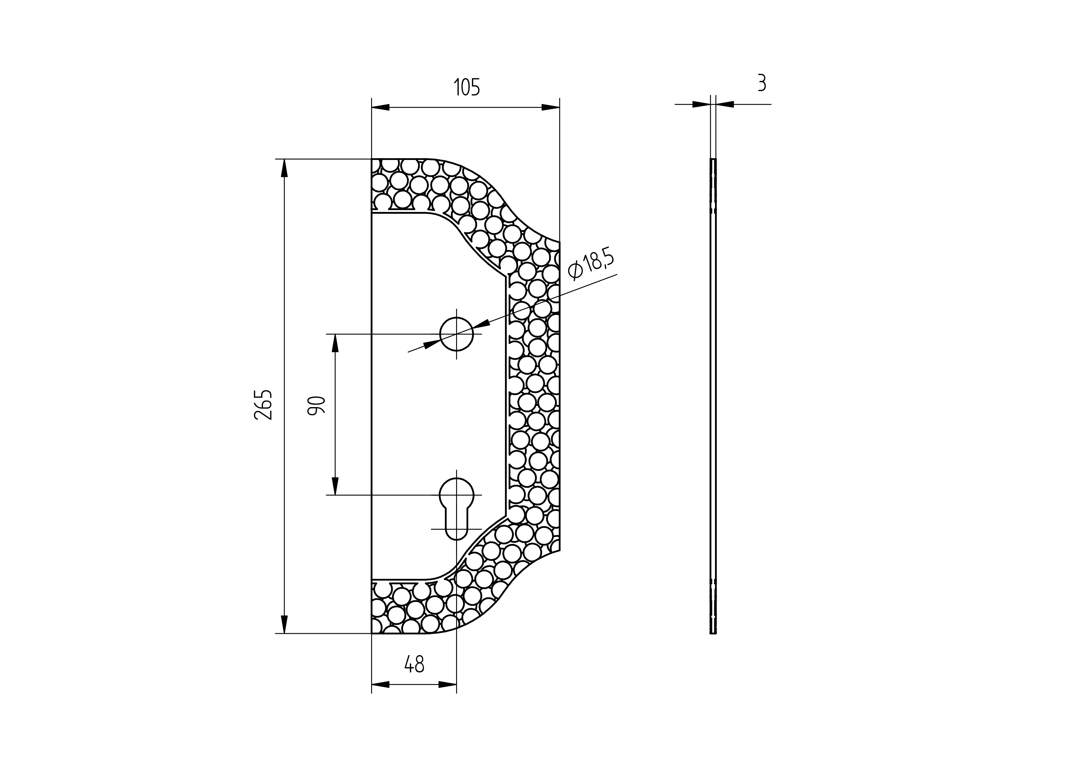 Zier-Schlossplatte Stahl 265 x 105 mm- 3 mm- Ax- 90 mm- Loch Ø 19 mm- rechts-89-11D114AR-A.4