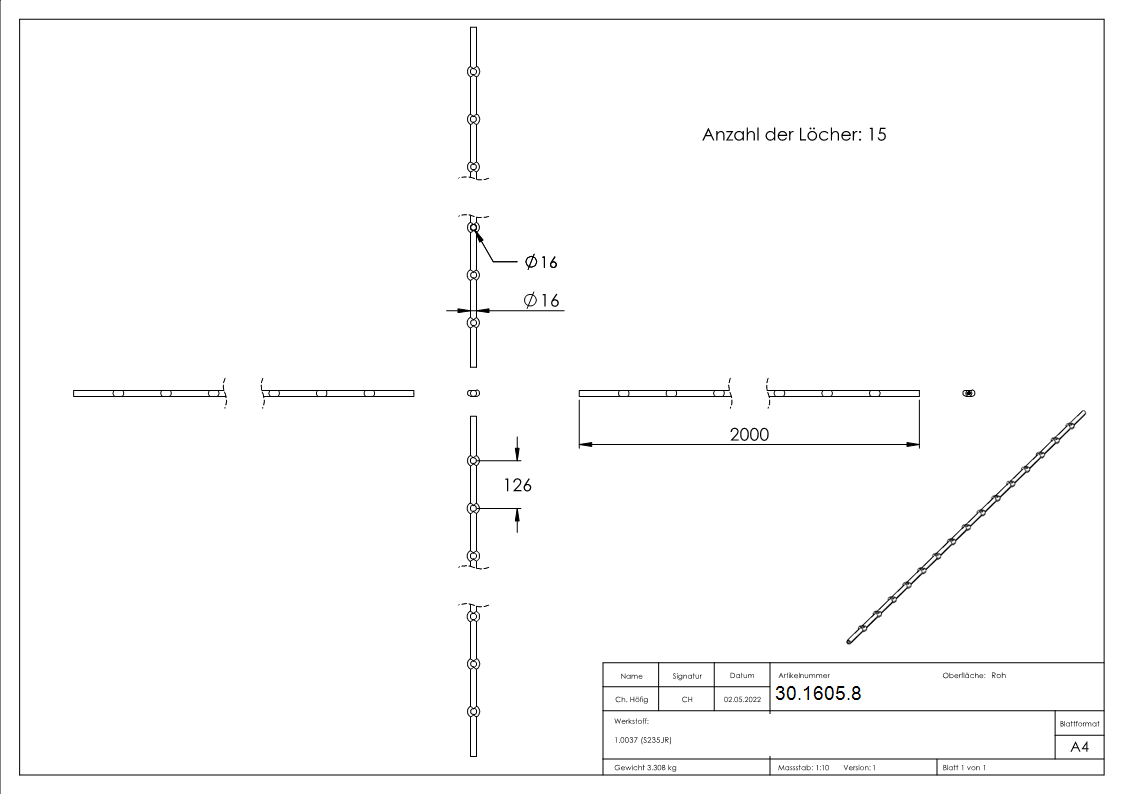 Lochleiste mit Rundloch Material- Ø 16 mm Laenge- 2000 mm Stahl -Roh- S235JR-30-1605.8