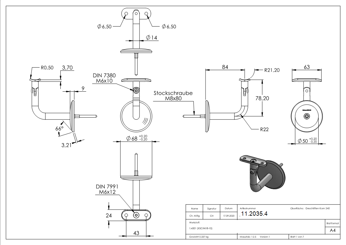 Handlaufhalter mit Gelenk und Halteplatte fuer Ø 42-4 mm V2A-11-2035.4
