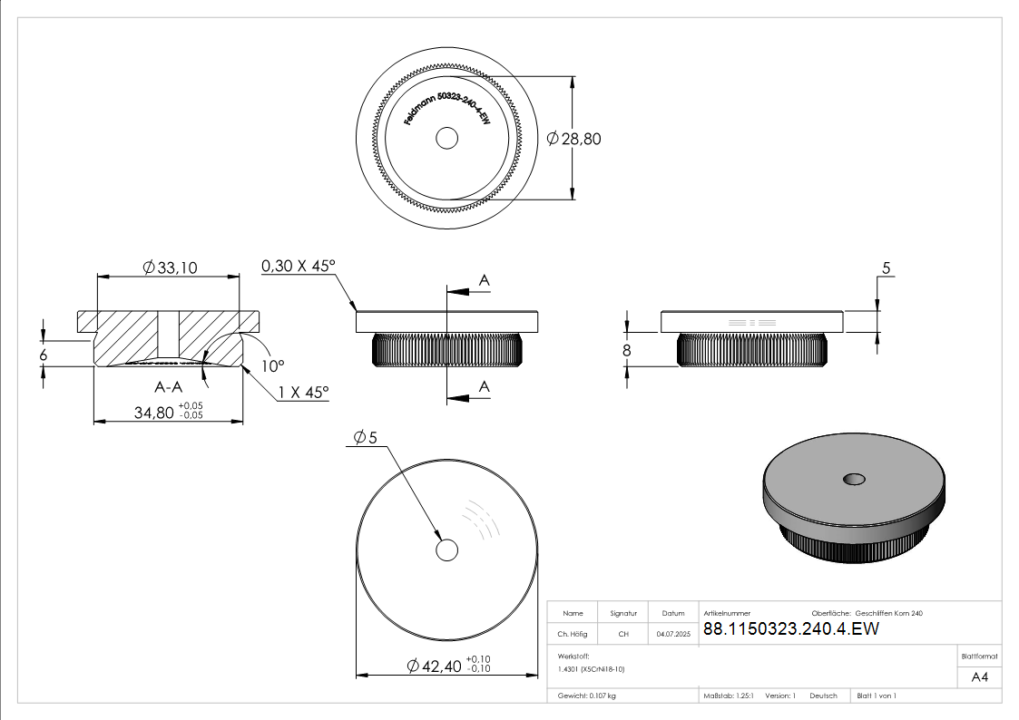 Einsteckkappe V2A Edelstahl fuer Rohr Ø 42-4 mm Wand 4-0 mm flach mit Entwaesserung-88-1150323-240-4.EW