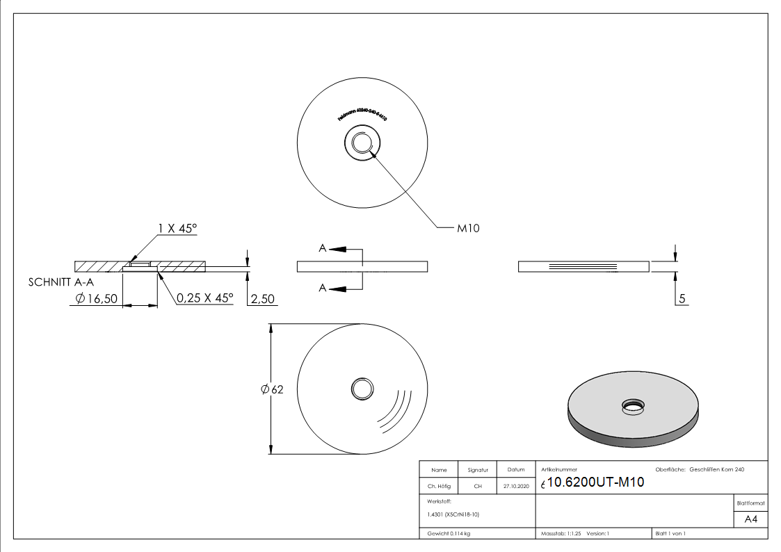 Glaspunkthalter Unterteil Ø 62 mm- V2A- Hoehe- 5-50 mm mit M10 Gewinde-10.6200UT-M10