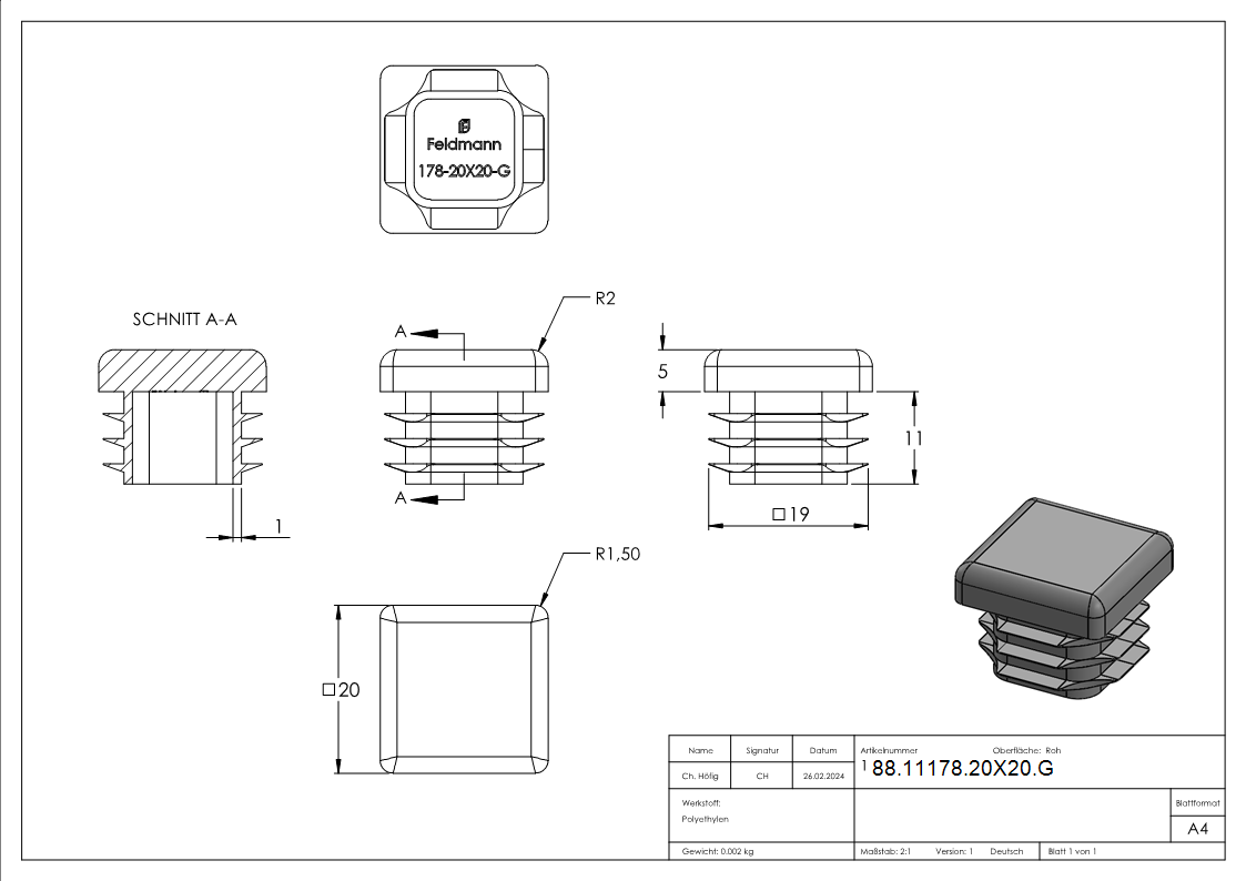 Einsteckkappe Kunststoff fuer Quadratrohr 20 x 20 mm- Wandstaerke 1-5-2-0 mm- grau-88-11178-20X20.G