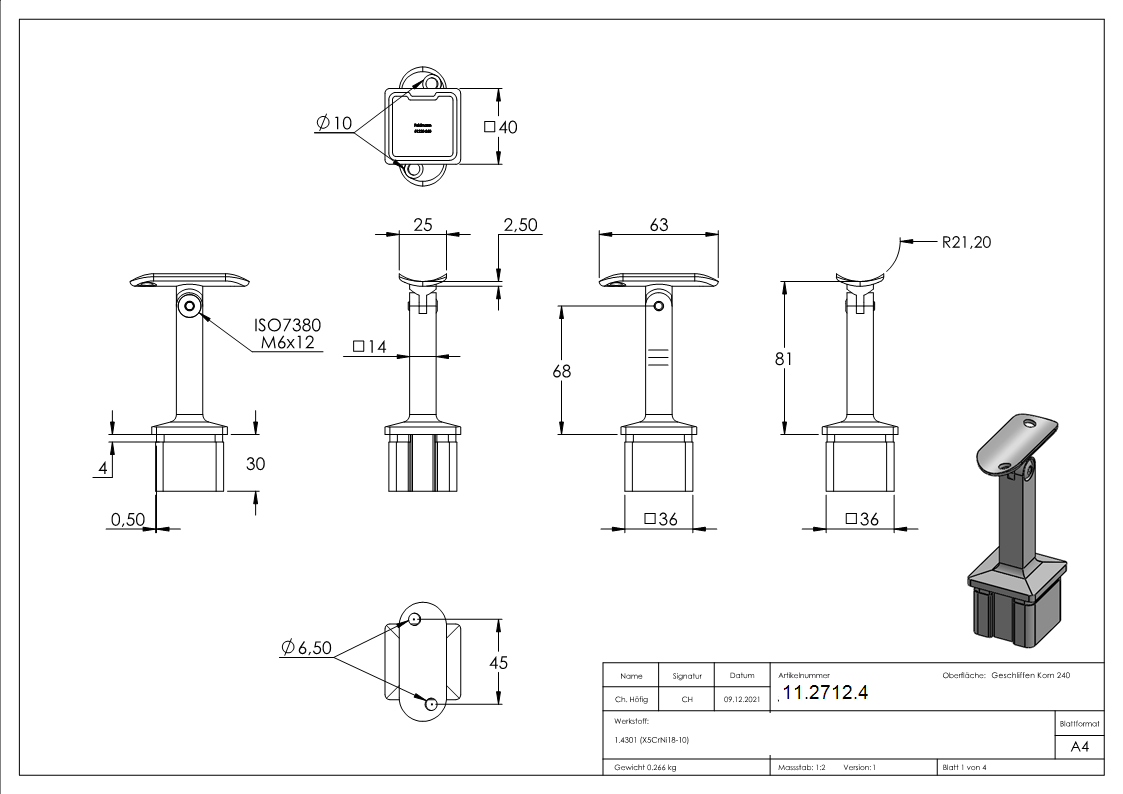 Handlaufhalter mit Gelenk fuer Vierkantrohr 40x40x2 mm V2A-11-2712.4