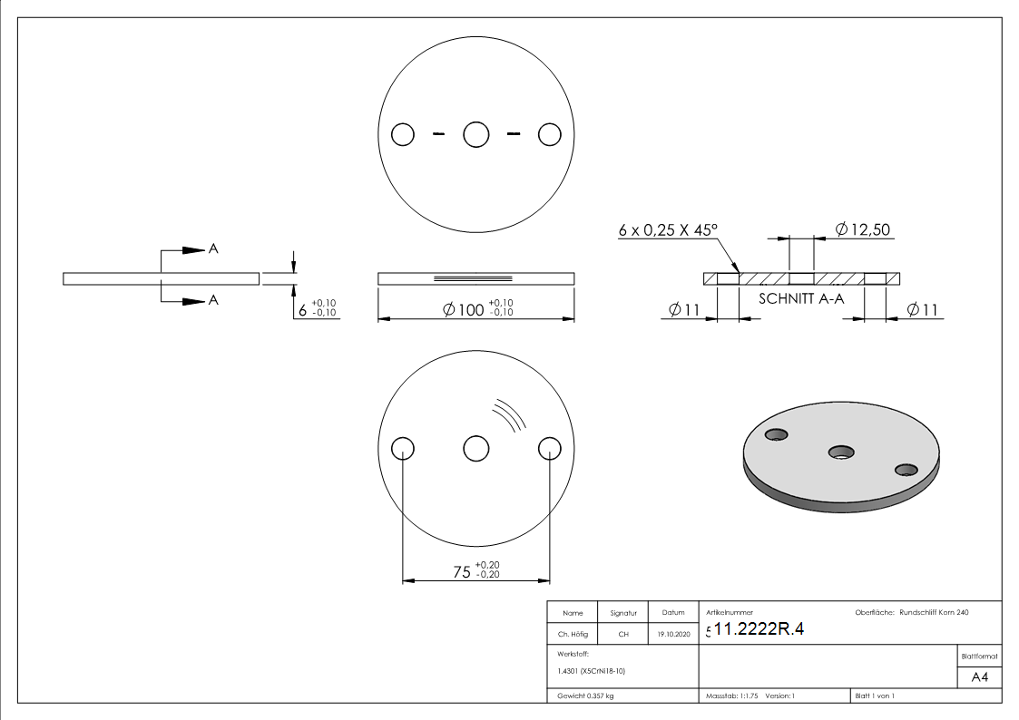 Ankerplatte Ø 100 x 6 mm mit Zentrierbohrung- Ø 12-5 mm V2A-11-2222R.4