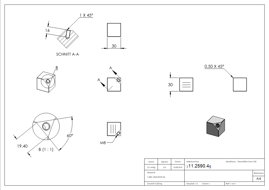 Wuerfel 30x30 mm Vollmaterial mit Gewinde M8 V2A-11-2590.4