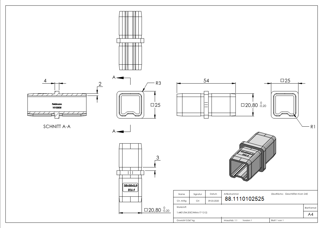 Vierkantrohrverbinder V4A 25 x 25 x 2 mm gerade-88.1110102525