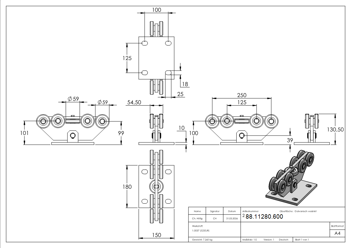 Rollenbock Stahl verzinkt fr Schiebetore bis 600 kg Torgewicht-88-11280.600