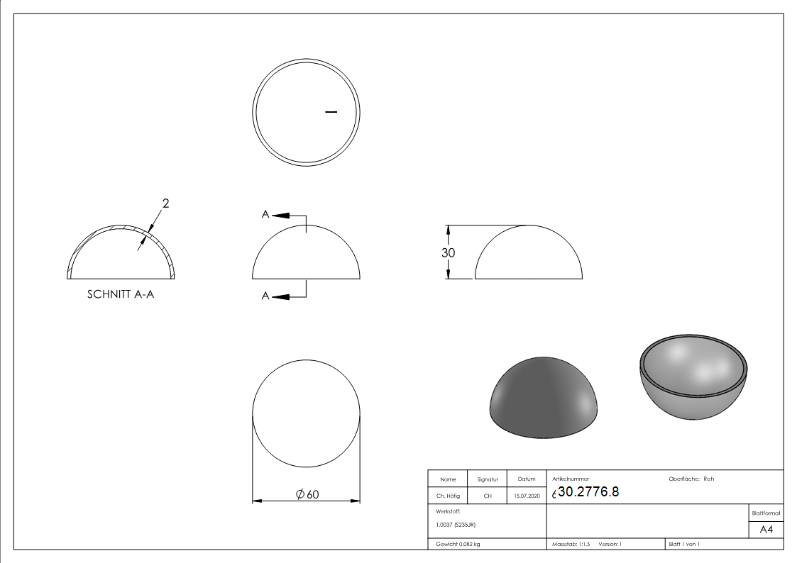 Halbhohlkugel Ø 60 mm - glatt - Stahl S235JR- roh-30-2776.8