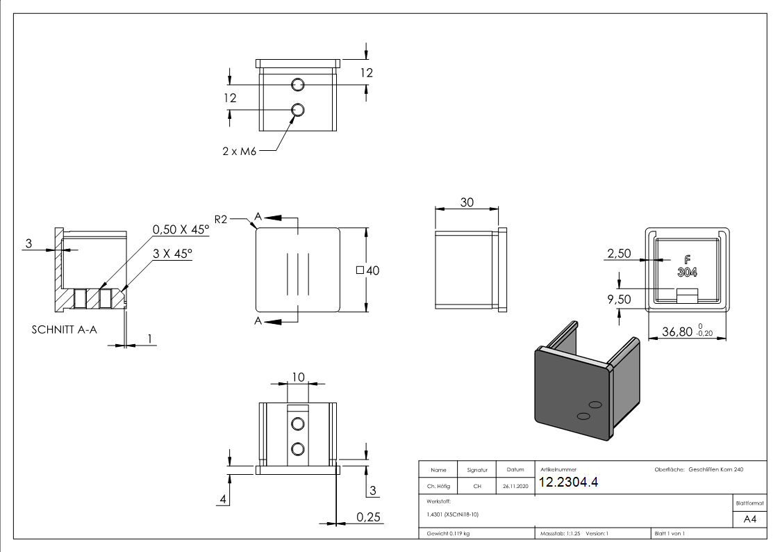 Endkappe - flache Ausfuehrung - fuer Quadrat-Nutrohr- 40x40x1-5 mm - V2A-12-2304.4