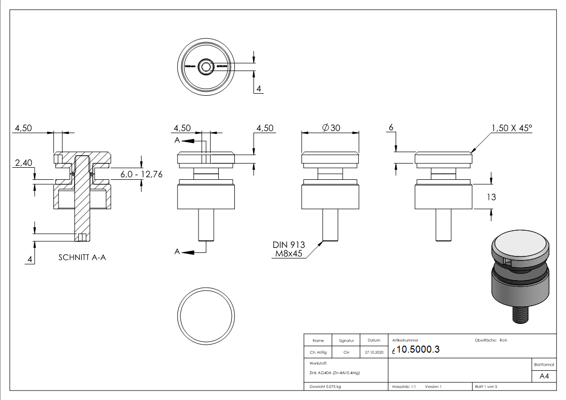Glaspunkthalter Zinkdruckguss Ø 30 mm flach – Glashalter roh-10-5000.3