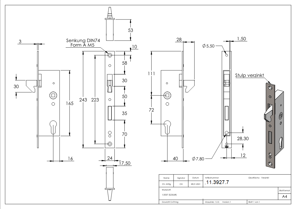 Rohrprofilschloss mit Hakenfalle - Dornmass- 40 mm - Stahl -verzinkt- S235JR-11-3927.7