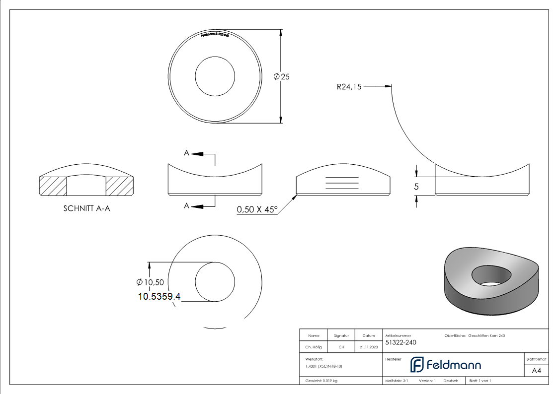 Ausgleichsstueck Ø 25 mm fuer Rundrohr Ø 48-3 mm V2A-10-5359.4