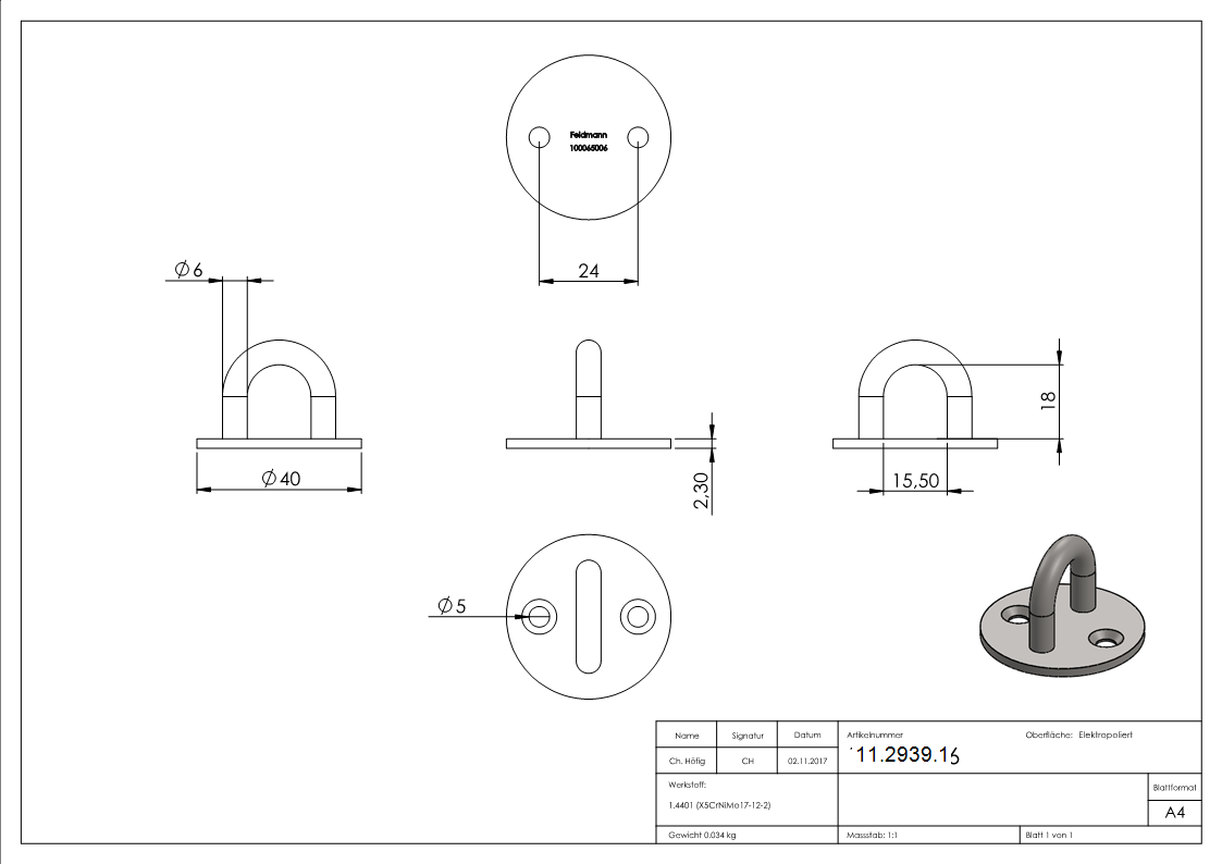 Befestigungsoese - Ø Oese- 6 mm - Platte- Ø 40 mm - V4A-11-2939.1