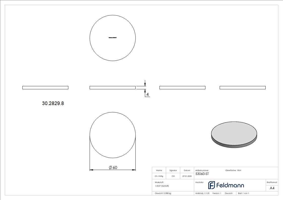 Ronde - Ø 60x4 mm - Stahl S235JR- roh-30-2829.8