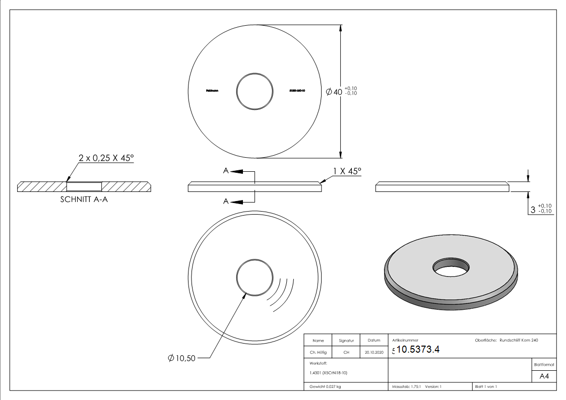 Ausgleichsstueck Ø 40 mm mit Bohrung 10-5 mm V2A-10-5373.4