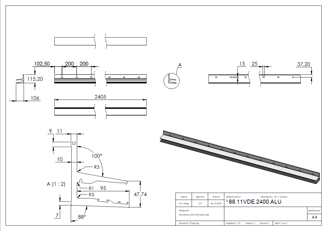 Vordachprofil Aluminium L = 2405 mm eloxiert E4-EV1-88-11VDE-2400.ALU