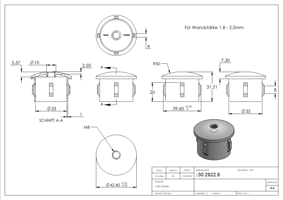 Stahlstopfen - leicht gewoelbt - mit M8 - fuer Rundrohr Ø 42-4x1-8-2-2 mm - Stahl S235JR- roh-30-2922.8