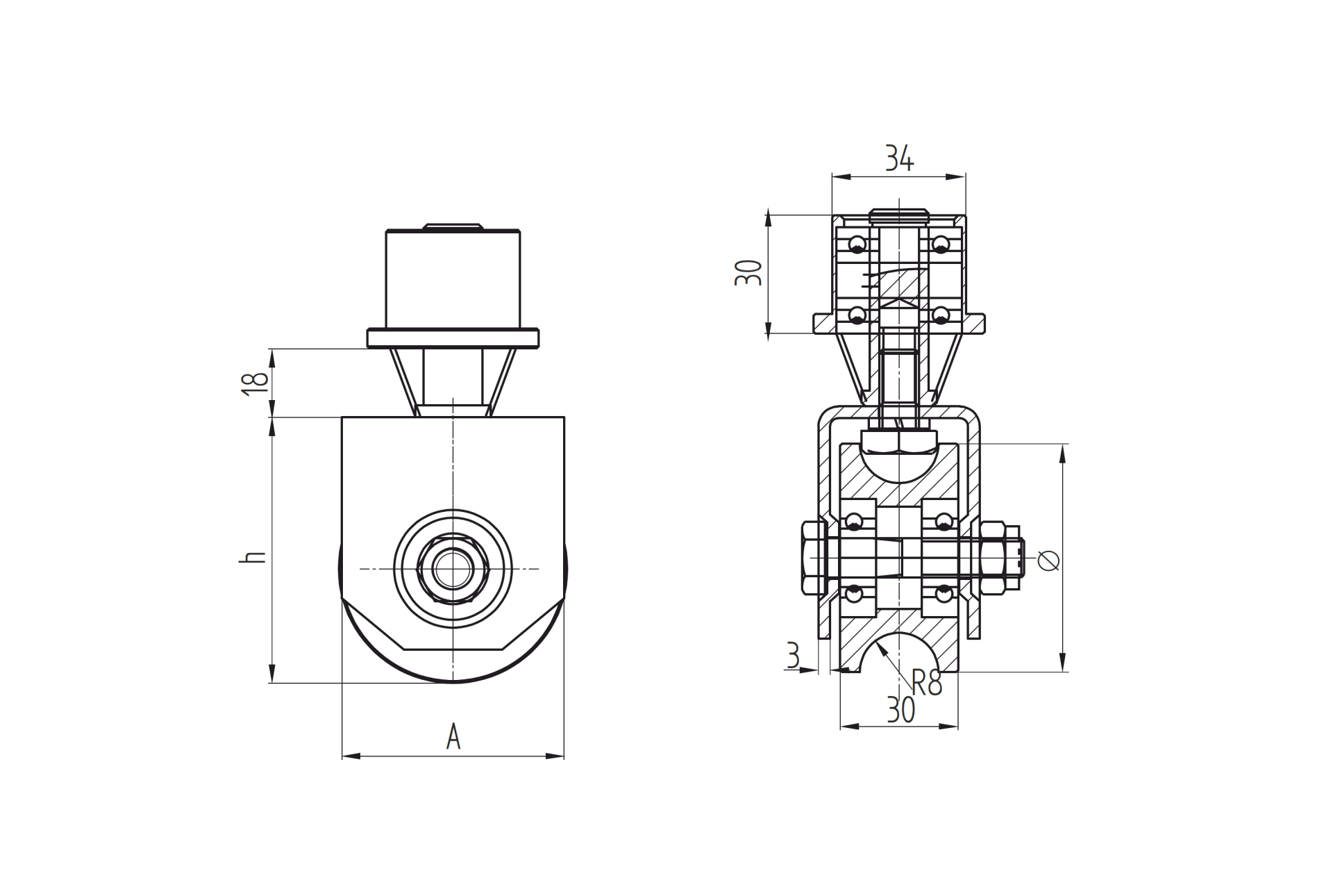 Gefederte Laufrolle Stahl verzinkt  58 mm mit U-Rille drehbar-89-11H31U60SP-A.4