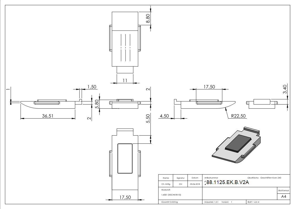 Sicherungsboden Edelstahl V2A fuer Endklemme Mod- 25 halbrund-88-1125-EK-B.V2A