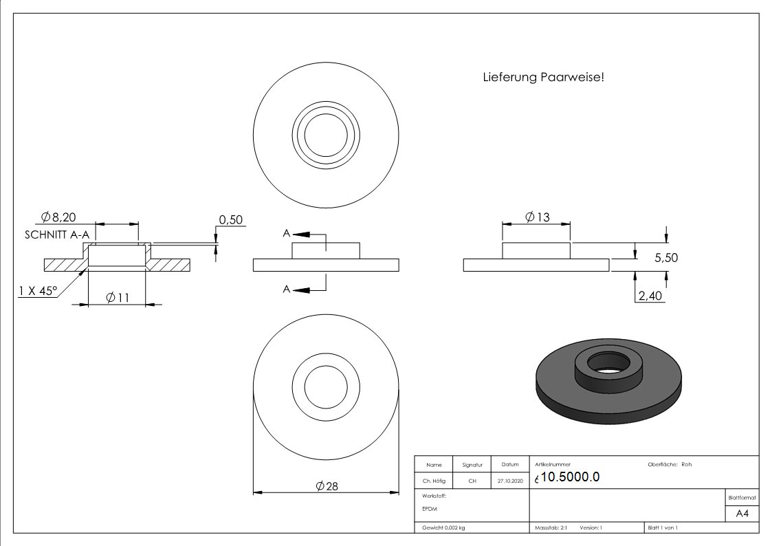 1 Paar Ersatzgummis fuer Glaspunkthalter Ø 30 mm – Gummieinlage - Dichtung-10-5000.0