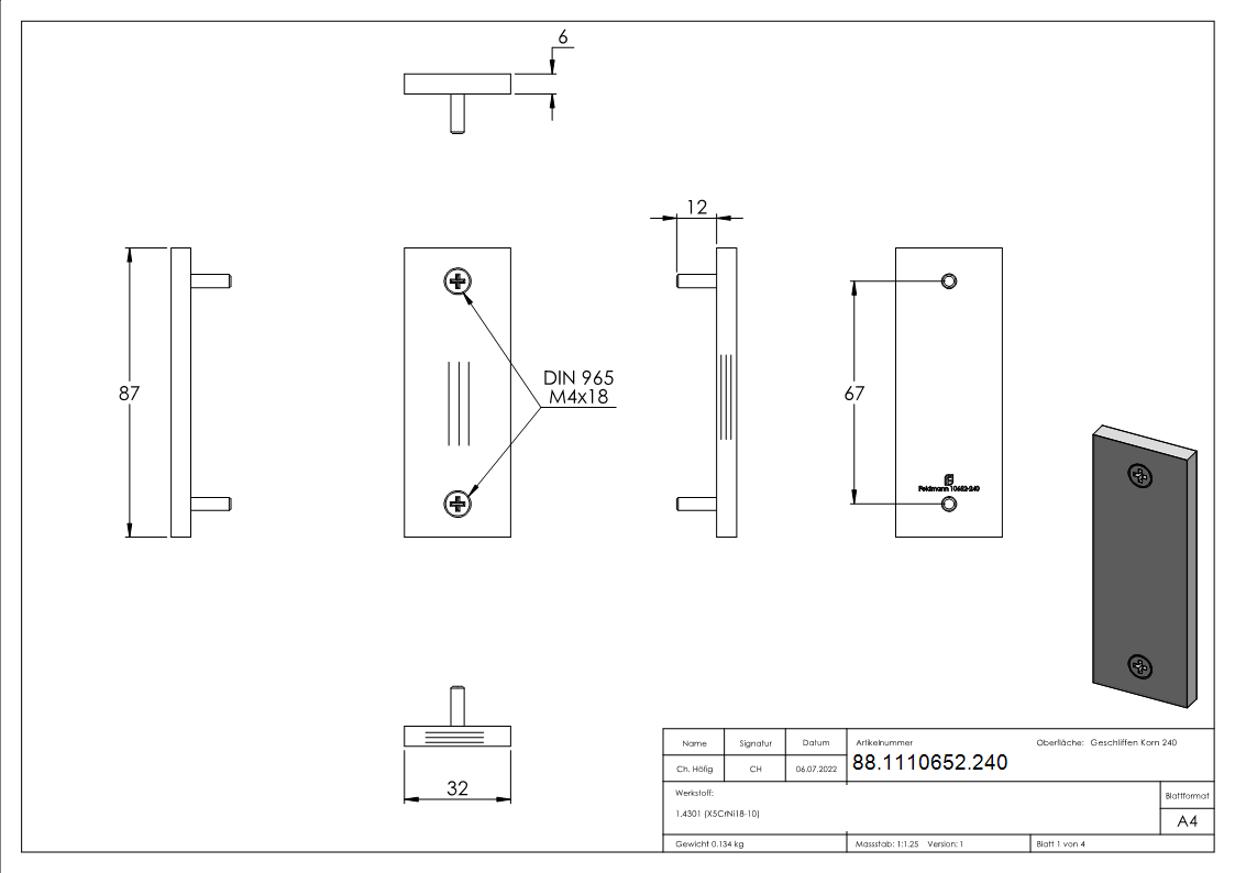 Kurzschild blind- Abmessung- 32 x 87 x 6mm- V2A-88-1110652.240