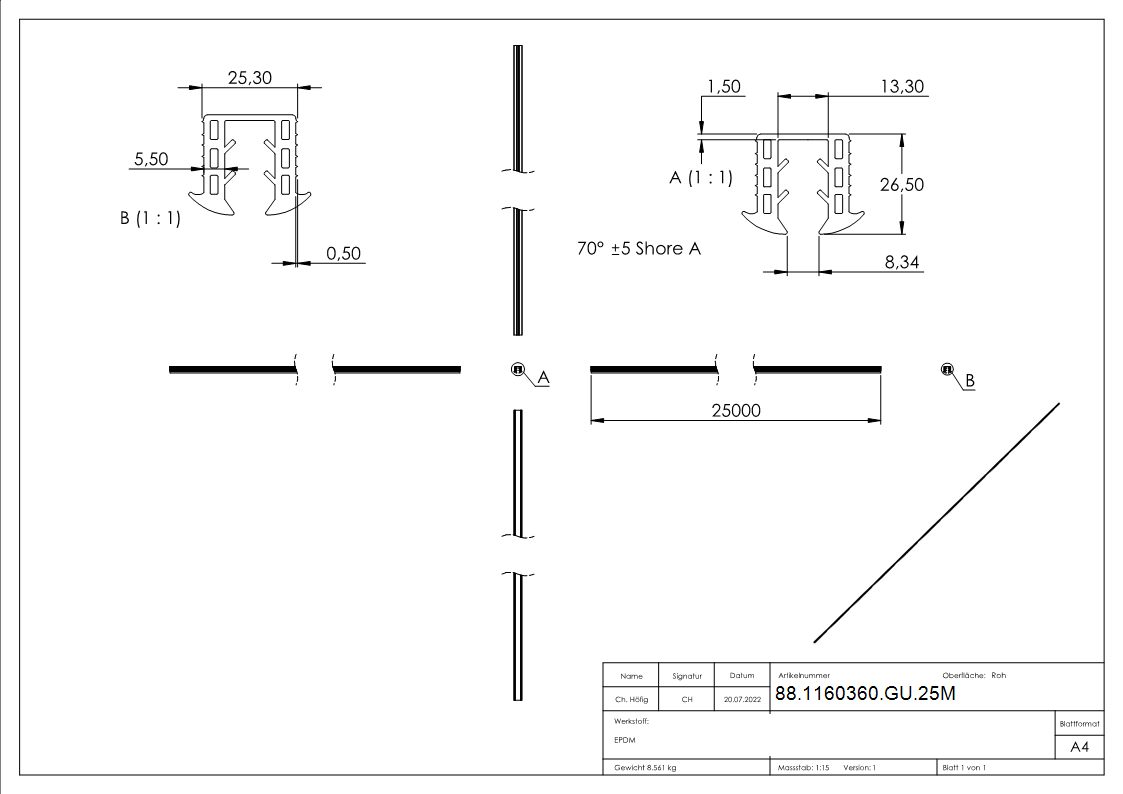 Keildichtung EPDM fuer Glas 8-00–10-76 mm Nut 24x24 mm L = 25 m-88-1160360-GU.25M
