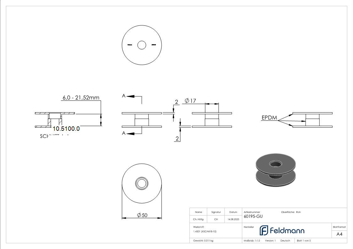 1 Paar Ersatzgummis fuer Glaspunkthalter Ø 50 mm – Gummieinlage - Dichtung-10-5100.0