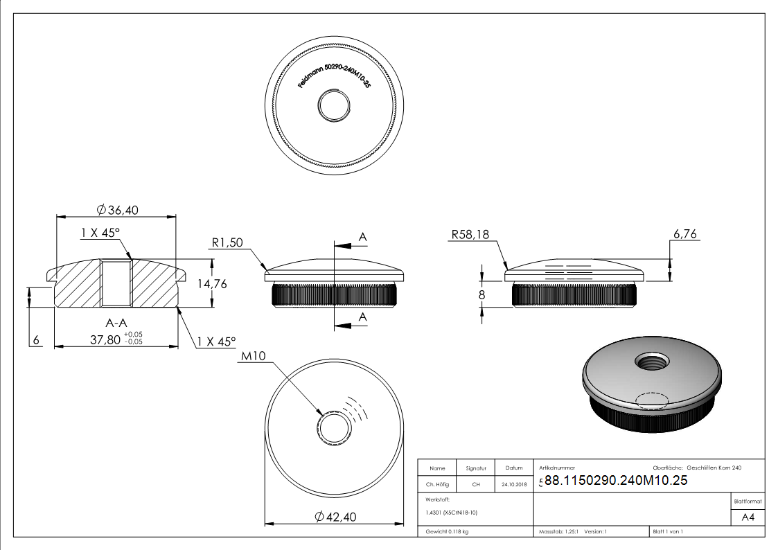 Einsteckkappe Edelstahl V2A fuer Rohr Ø 42-4 x 2-5 mm mit M10 Gewinde leicht gewoelbt-88-1150290-240M10.25