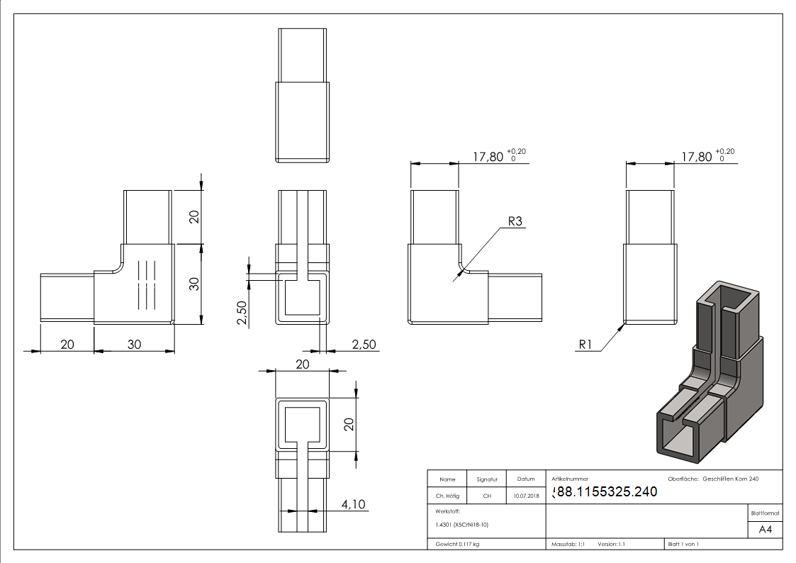 Eckverbinder Edelstahl V2A fuer Klemmprofil 20x20x1-25 mm geschliffen Korn 240-88-1155325.240
