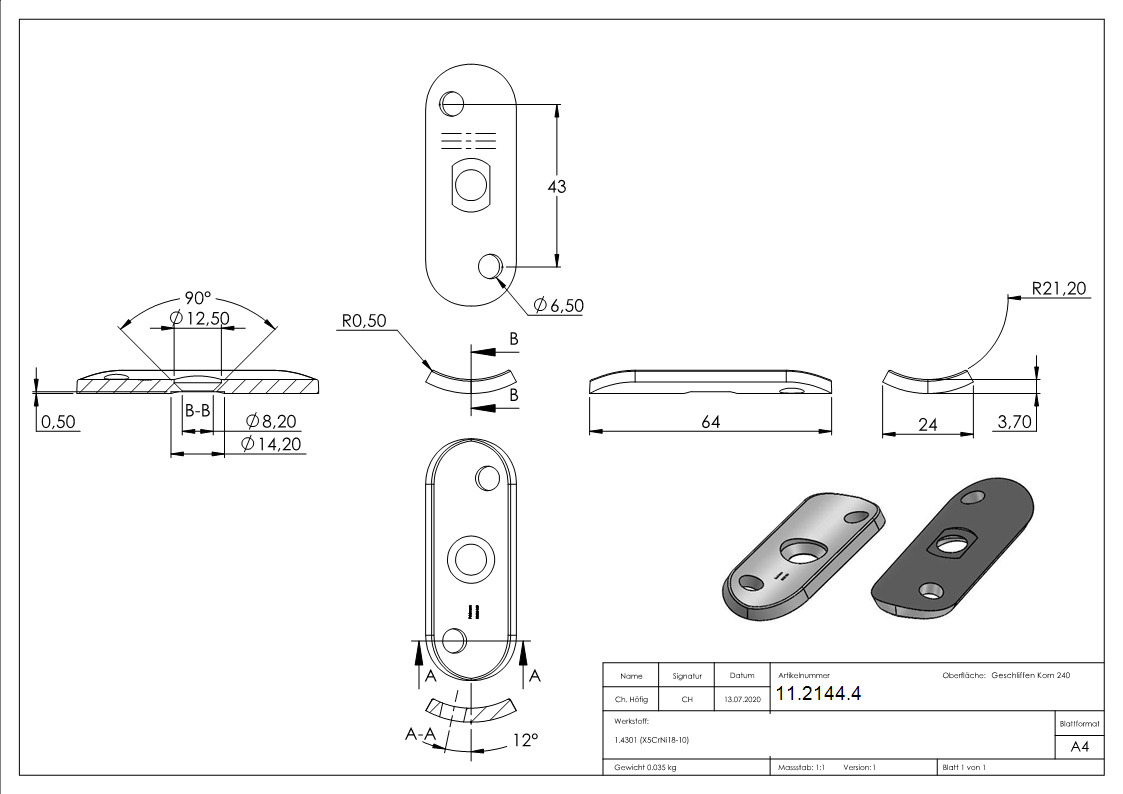 Handlaufanschlussplatte fuer Ø 42-4 mm mit Bohrungen versetzt V2A-11-2144.4
