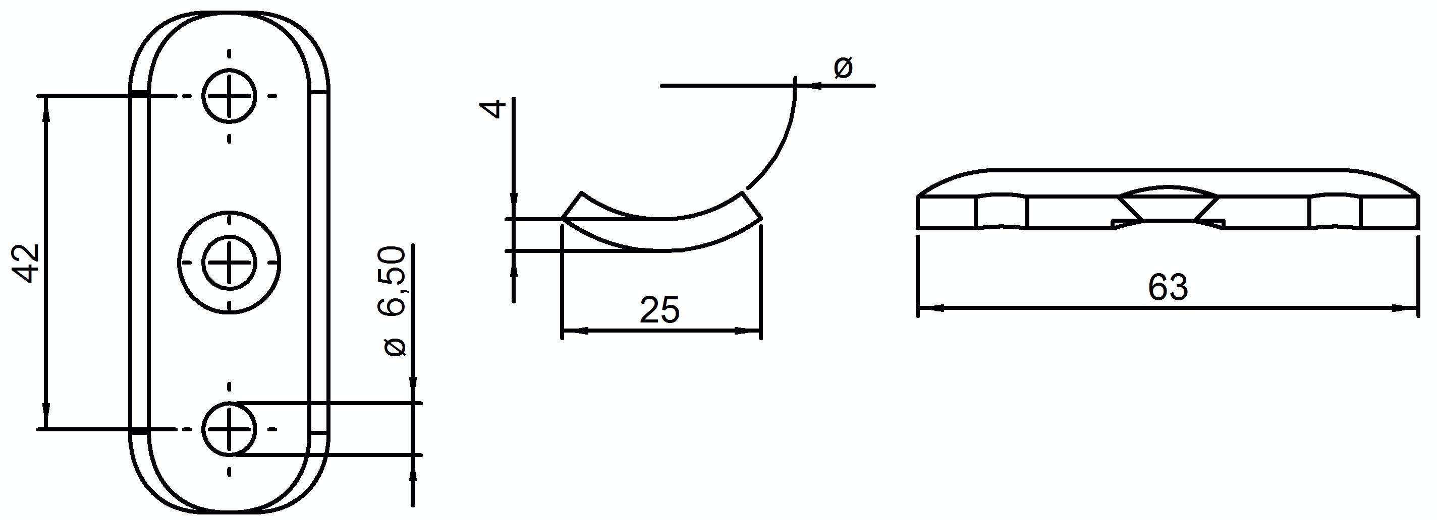 Handlaufanschlussplatte - Masse- 64x24x4 mm - fuer Rohr- Ø 42-4 mm - V2A-11-2142-A.4