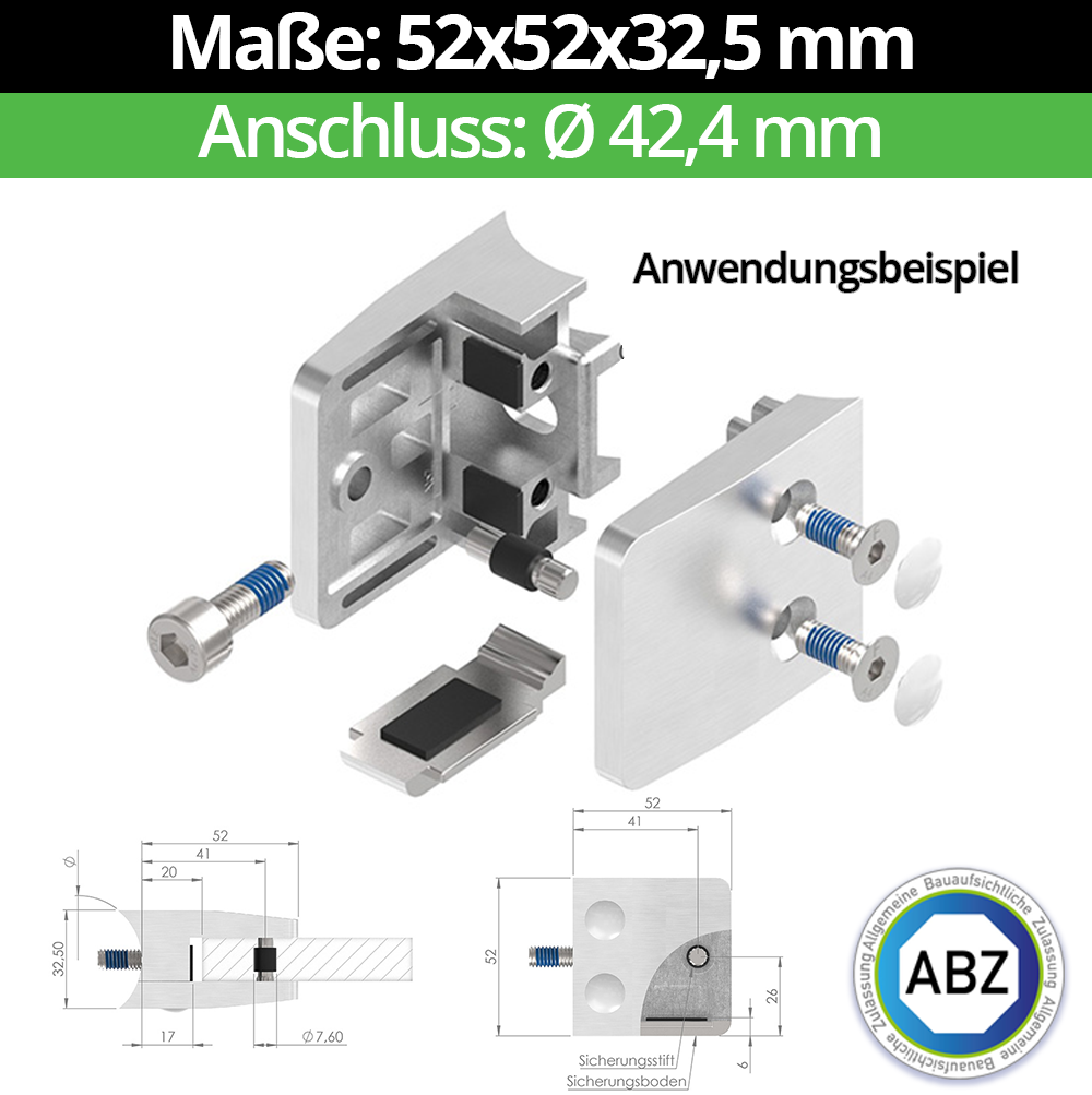 Glasklemme AbZ 52x52x32-5 mm  fuer Anschluss  Flach - Ø 42-4 mm - Ø 48-3 mm - 60-3 mm-10-MODELL34-42-14-1.1