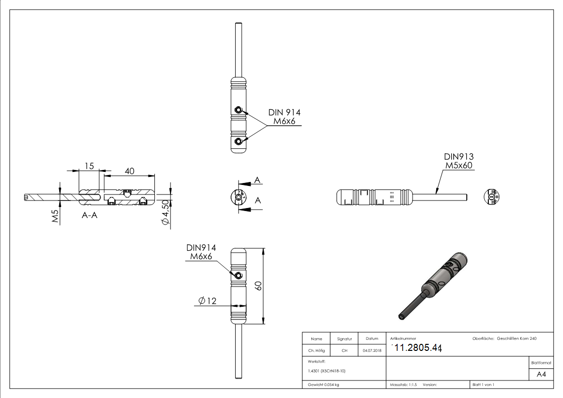 Gewindeterminal zur Selbstmontage - Fuer Seil- Ø 4 mm - mit Aussengewinde - V2A-11-2805.4