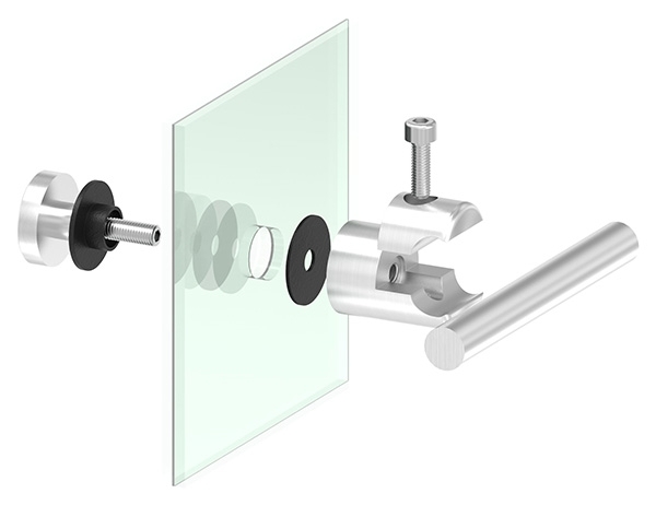 Klemmhalter fuer Rundstab 12 mm mit Glaspunkthalter Ø 25 mm V4A-88-1155345.V4A