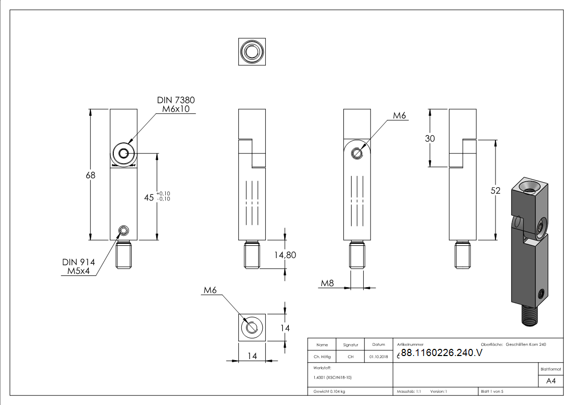 Gelenkstift Edelstahl V2A 14x14 mm L 68 mm M8-M6 Gewinde 360° drehbar-88-1160226-240.V