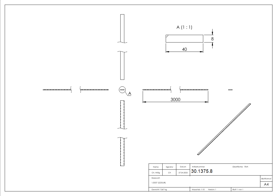 Flacheisen 40x8 mm 3000mm Stahl S235JR roh Universalprofil-30-1375.8