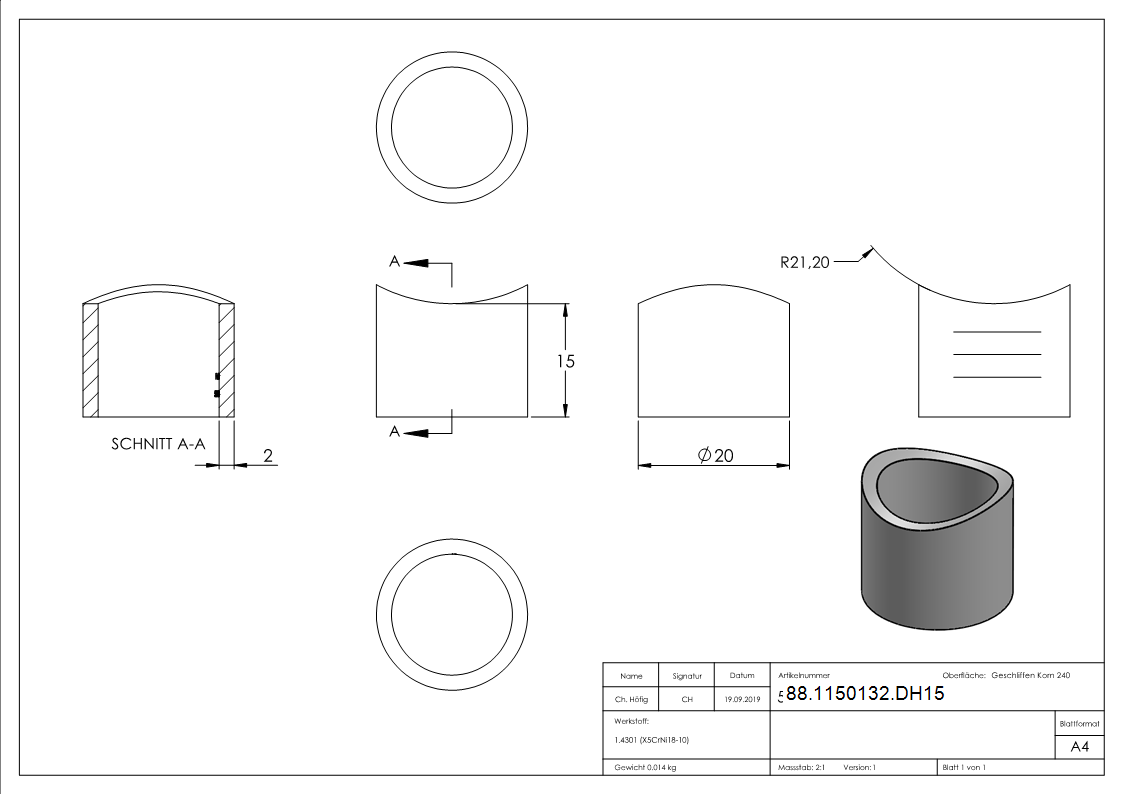 Distanzhuelse Edelstahl V2A L = 15 mm fuer Rohr Ø 42-4 mm einseitig ausgefraest-88-1150132.DH15