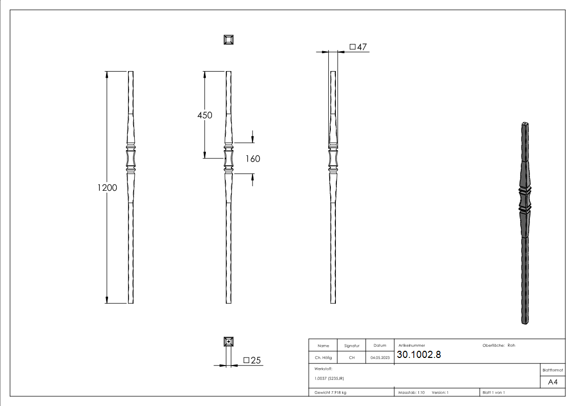 Anfangsstab Laenge- 1200 mm Material- 25x25 mm Stahl S235JR- roh-30-1002.8