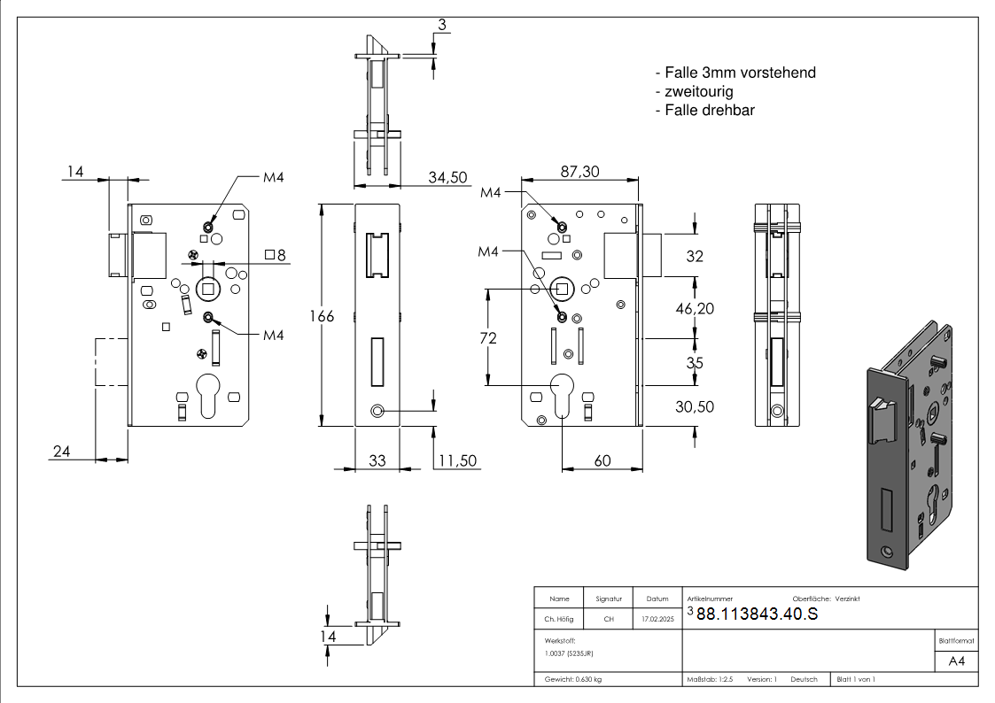 Rohrrahmenschloss AMF Schloss 14266 verz- passend fuer 88-113843-40-K - Stulp- Riegel und Falle sind verzinkt-88-113843-40.S