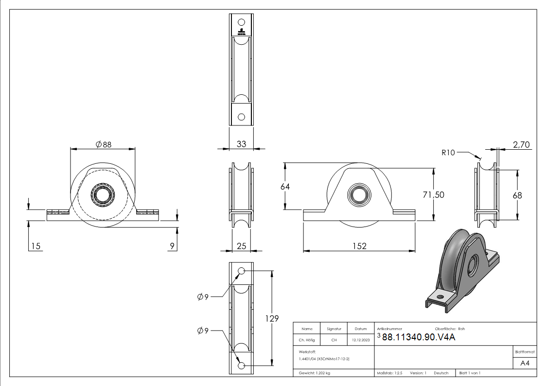 Schiebetorrolle Edelstahl V4A  90 mm Rundrille  20 mm mit Bgel-88-11340-90.V4A