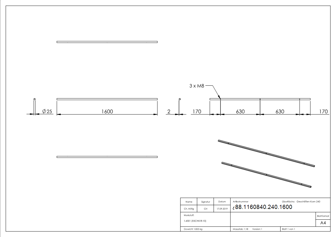 Laufschiene fuer Glasschiebetueren- Laenge 1600mm-88-1160840-240.1600