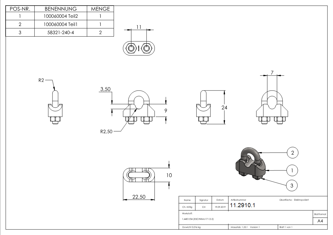 Drahtseilklemme - fuer Seil Ø- 4 mm - Gewinde- M5 - V4A-11-2910.1